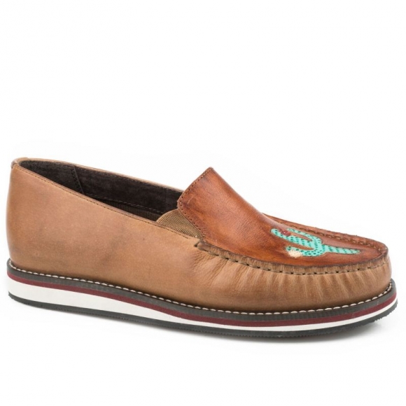 ROPER | WOMEN'S SLIP ON MOCCASIN TAN BURNISHED LEATHER WITH HANDTOOLED CACTUS VAMP-TAN | STYLISH OUTLET