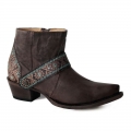 ROPER | WOMEN'S LEATHER ANKLE BOOT OILED BROWN WITH NATIVE EMBOIDERED HARNESS AND HEEL COUNTER-BROWN | STYLISH OUTLET