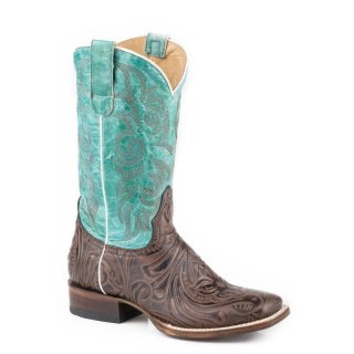 ROPER | WOMEN'S BROWN EMBOSSED FLORAL VAMP BOOT WITH TURQUOISE SHAFT-BROWN | STYLISH OUTLET