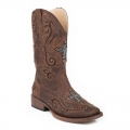 ROPER | WOMEN'S COWBOY BOOT VINTAGE BROWN FAUX LEATHER WITH CRYSTAL AND CROSS UNDERLAY DESIGN-BROWN | STYLISH OUTLET