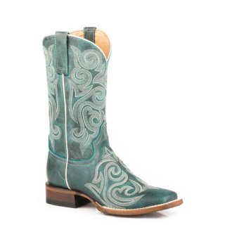 ROPER | WOMEN'S VINTAGE TURQUOISE LEATHER VAMP SHAFT BOOT WITH ALL OVER EMBROIDERY-BLUE | STYLISH OUTLET