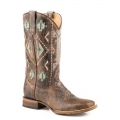 ROPER | WOMEN'S LEATHER COWBOY BOOT WAXY BROWN WITH EMBROIDERED AZTEC DESIGN-BROWN | STYLISH OUTLET