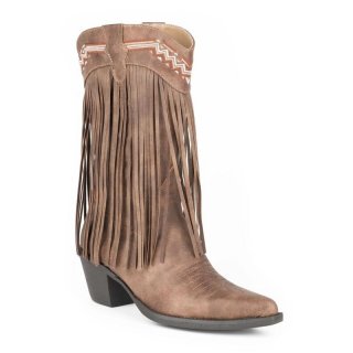 ROPER | WOMEN'S FASHION COWBOY BOOT BROWN FAUX LEATHER FRING AND EMBROIDERED DESIGN-BROWN | STYLISH OUTLET