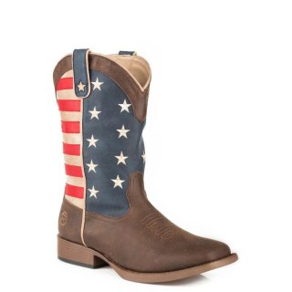 ROPER | MEN'S COWBOY BOOT FAUX BROWN LEATHER VAMP WITH AMERICAN FLAG UPPER-BROWN | STYLISH OUTLET