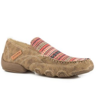 ROPER | WOMEN'S DRIVING MOC WAXY DISTRESSED TAN CANVAS WITH CANVAS WRAPPED SOLE-TAN | STYLISH OUTLET