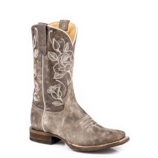 ROPER | WOMEN'S VINTAGE BROWN LEATHER VAMP SHAFT BOOT WITH FLOWER EMBROIDERY DESIGN-BROWN | STYLISH OUTLET