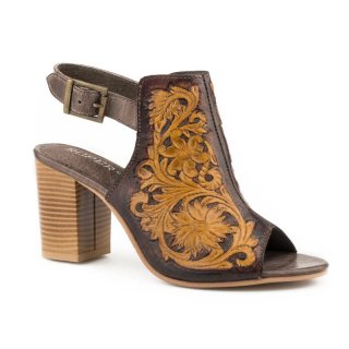 ROPER | WOMEN'S FASHION MULE BROWN FLORAL TOOLED LEATHER WITH OPEN TOE AND BACK STRAP-BROWN | STYLISH OUTLET