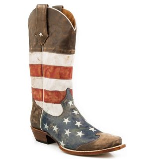 ROPER | MEN'S LEATHER COWBOY BOOT AMERICAN FLAG DISTRESSED BROWN WITH RED WHITE AND BLUE SNIP-BROWN | STYLISH OUTLET