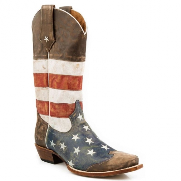 ROPER | MEN'S LEATHER COWBOY BOOT AMERICAN FLAG DISTRESSED BROWN WITH RED WHITE AND BLUE SNIP-BROWN | STYLISH OUTLET