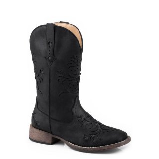 ROPER | WOMEN'S BLACK FAUX LEATHER SQUARE TOE BOOT WITH GLITTER UNDERLAYS-BLACK | STYLISH OUTLET