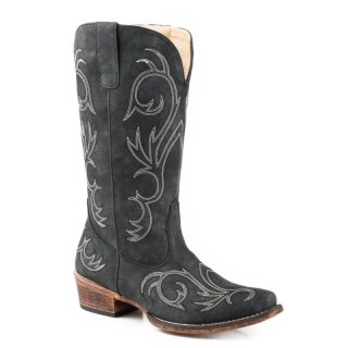 ROPER | WOMEN'S FASHION COWBOY BOOT BLACK FAUX LEATHER AND ALL OVER EMBROIDERY-BLACK | STYLISH OUTLET