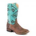 ROPER | WOMEN'S BURNISHED BROWN LEATHER VAMP BOOT WITH NATIVE EMBROIDERED TURQUOISE SHAFT-BROWN | STYLISH OUTLET