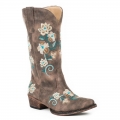 ROPER | WOMEN'S FASHION COWBOY BOOT VINTAGE BROWN FAUX LEATHER WITH ALL OVER FLORAL EMBROIDERY-BROWN | STYLISH OUTLET