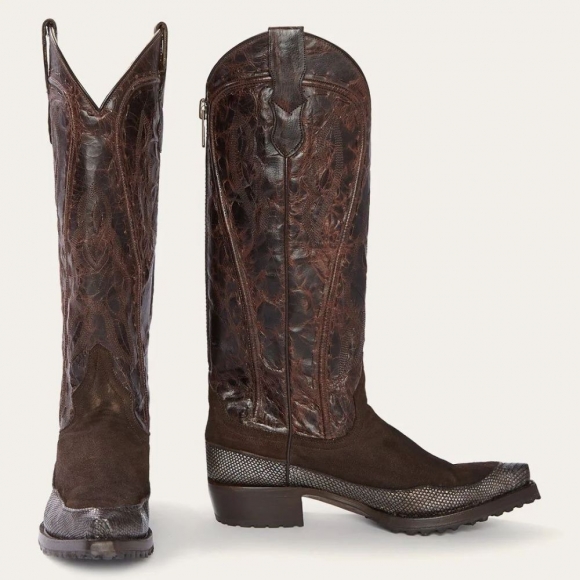 STETSON WOMEN'S DAKOTA BROWN SUEDE & TEJU COWBOY BOOT-Brown | ONLINE OUTLET