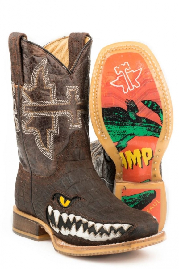 TIN HAUL LITTLE BOYS SWAMP CHOMP WITH THIS IS MY SWAMP SOLE EMBOSSED CAIMAN WITH EMBOIDERED BROWN UPPER-BROWN STYLISH OUTLET