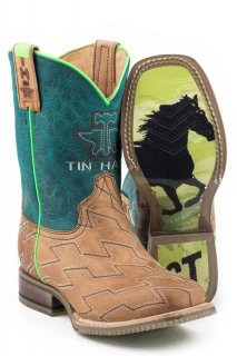 TIN HAUL LITTLE BOYS HORSE POWER WITH BORN TO BE FAST SOLE OILY LEATHER TAN STITCHED VAMP WITH CRACKLE GREEN UPPER-TAN STYLISH OUTLET