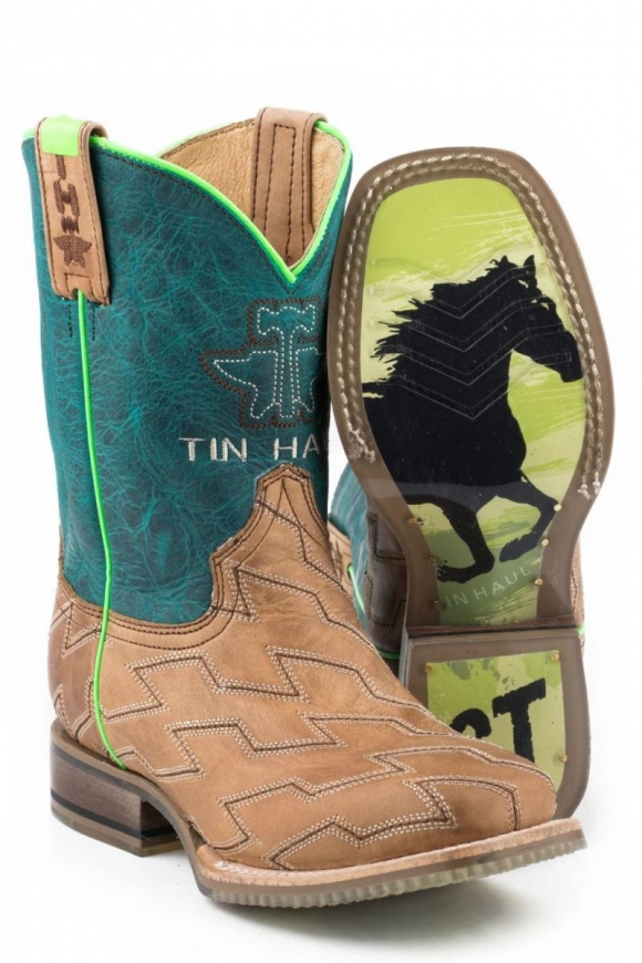 TIN HAUL LITTLE BOYS HORSE POWER WITH BORN TO BE FAST SOLE OILY LEATHER TAN STITCHED VAMP WITH CRACKLE GREEN UPPER-TAN STYLISH OUTLET