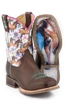 TIN HAUL LITTLE GIRLS CHESTNUT AND DAISY WITH MY BEST FRIEND SOLE LEATHER BURNISHED DARK BROWN VAMP WITH HORSES AND FLOWERS PRINTED UPPER-BROWN STYLISH OUTLET